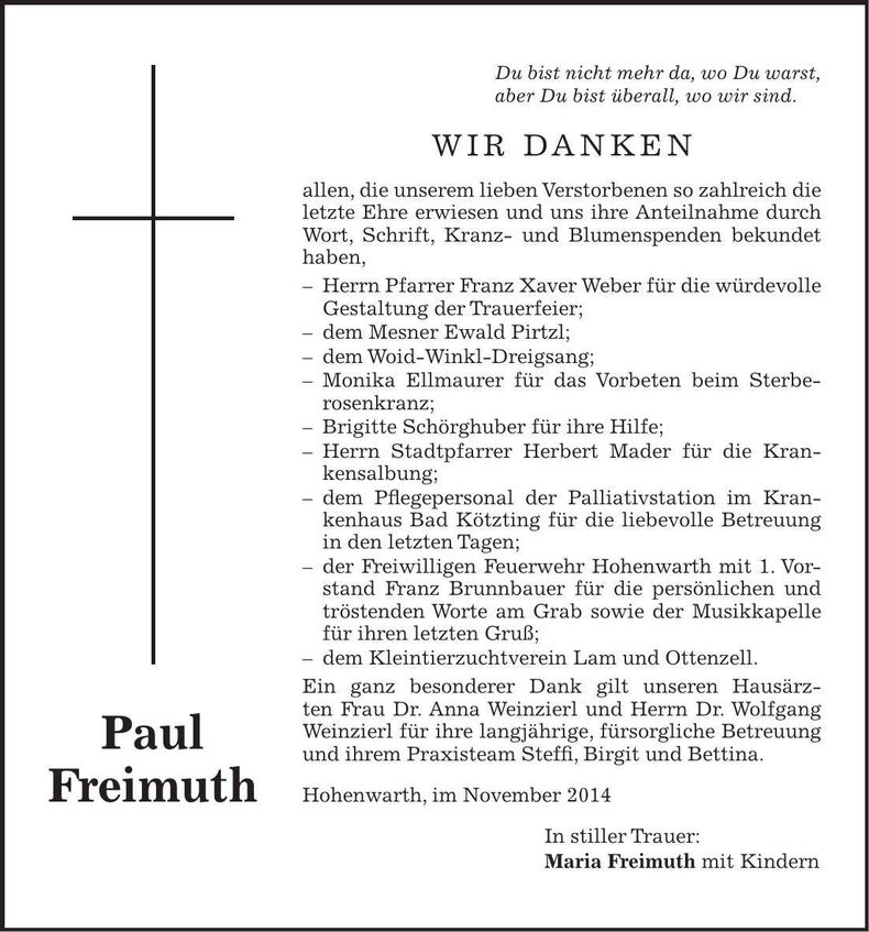 Traueranzeige Paul Freimuth