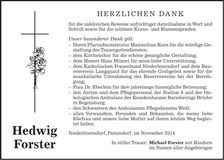 Traueranzeige Hedwig Forster