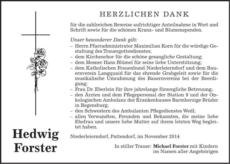 Traueranzeige Hedwig Forster
