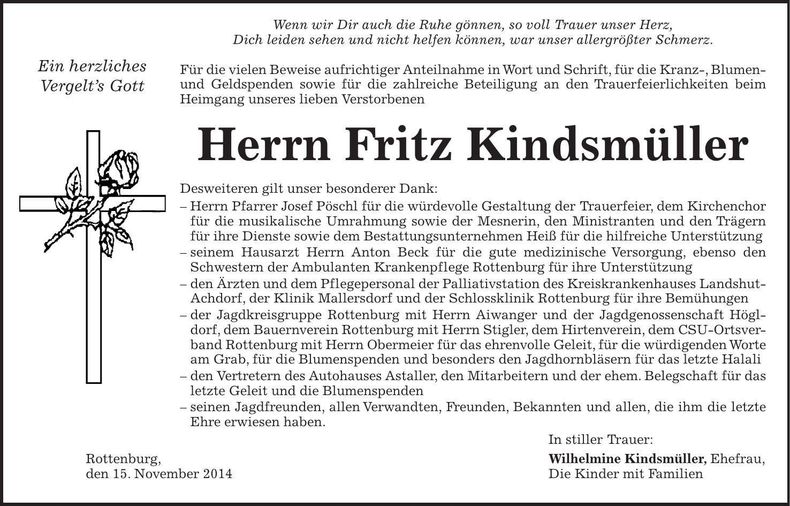 Traueranzeige Fritz Kindsmüller