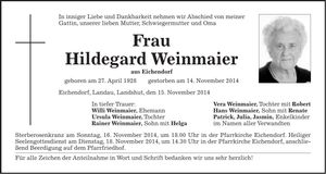 Traueranzeige Hildegard Weinmaier