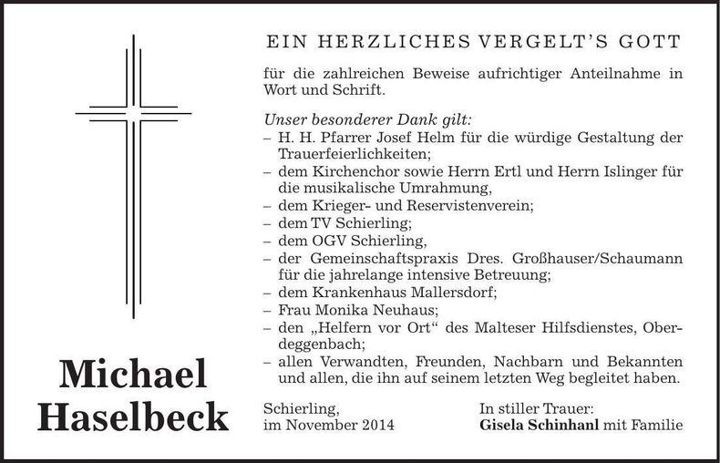 Traueranzeige Michael Haselbeck