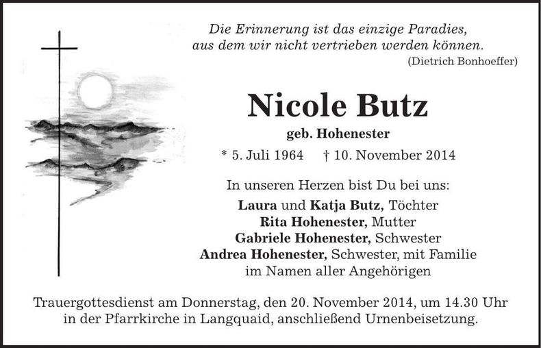 Traueranzeige Nicole Butz