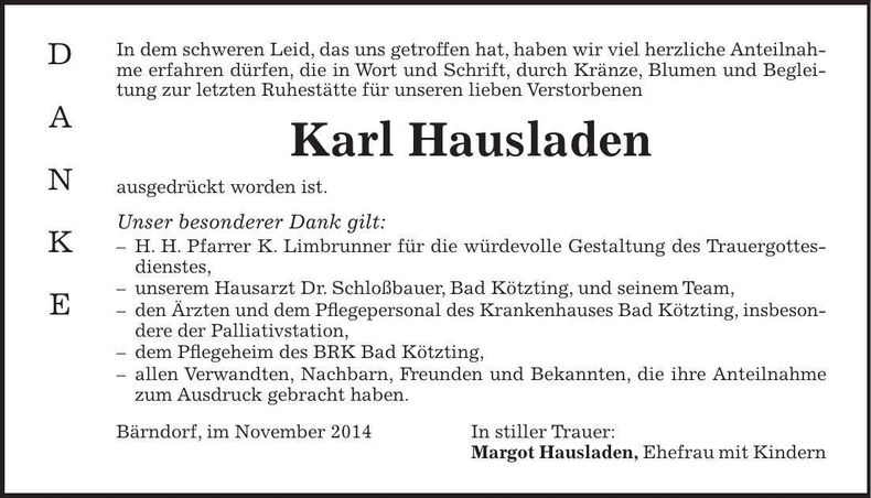 Traueranzeige Karl Hausladen
