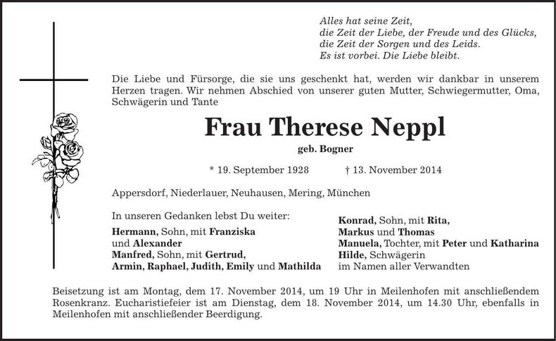 Traueranzeige Therese Neppl