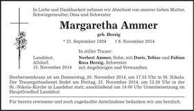 Traueranzeige Margaretha Ammer