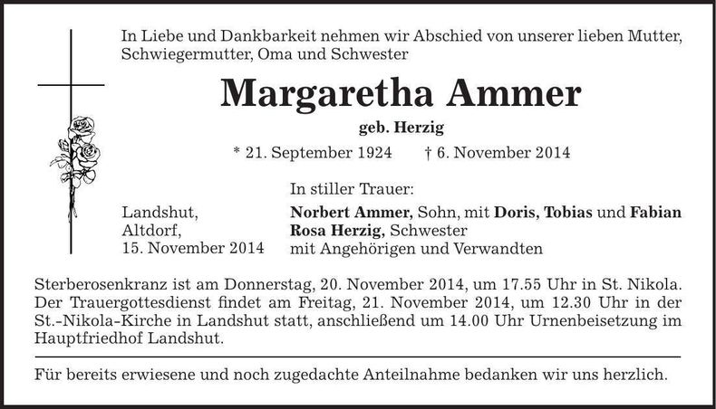 Traueranzeige Margaretha Ammer