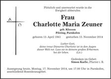 Traueranzeige Charlotte Maria Zeuner