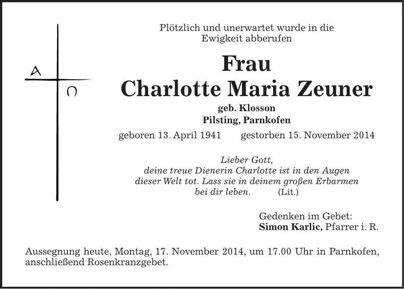 Traueranzeige Charlotte Maria Zeuner