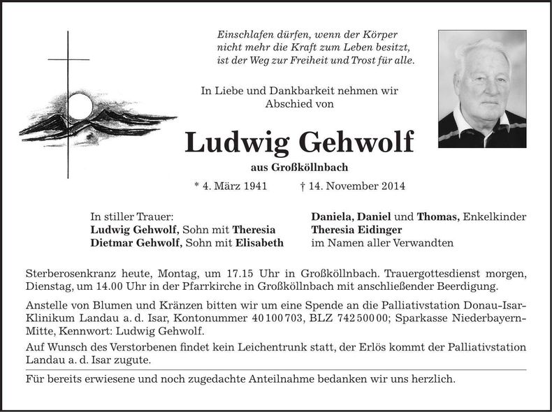 Traueranzeige Ludwig Gehwolf