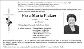 Traueranzeige Maria Platzer