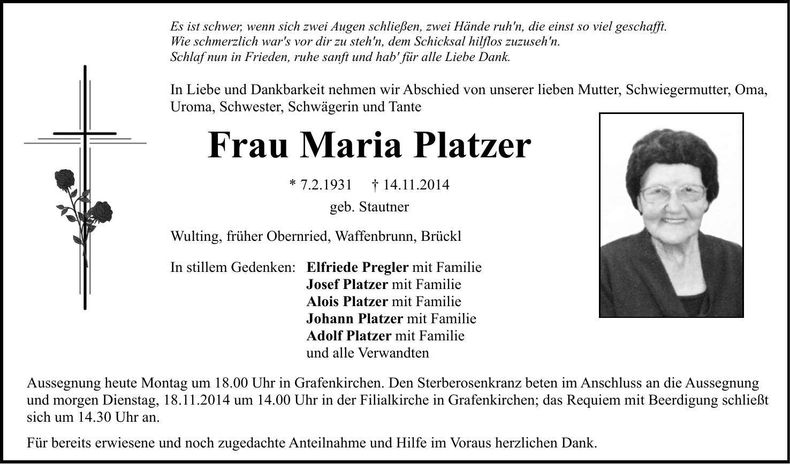 Traueranzeige Maria Platzer