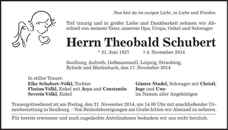 Traueranzeige Theobald Schubert