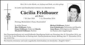 Traueranzeige Cäcilia Feldbauer