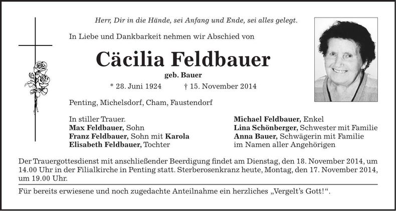 Traueranzeige Cäcilia Feldbauer