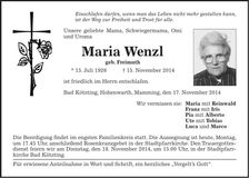 Traueranzeige Maria Wenzl