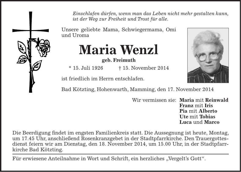 Traueranzeige Maria Wenzl