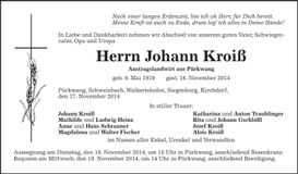 Traueranzeige Johann Kroiß