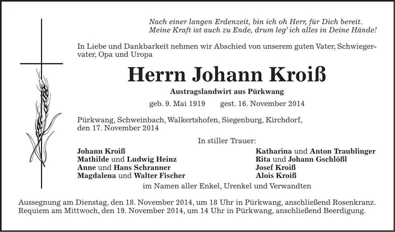 Traueranzeige Johann Kroiß