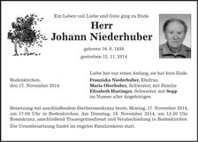 Traueranzeige Johann Niederhuber
