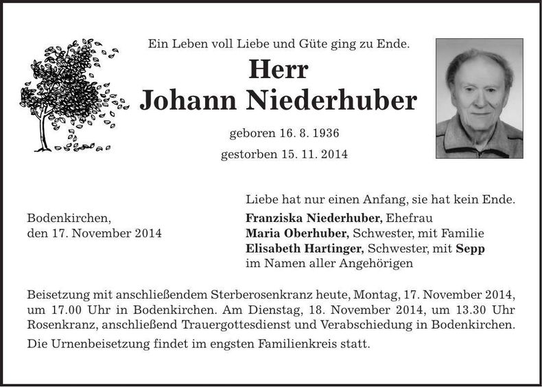 Traueranzeige Johann Niederhuber