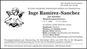 Traueranzeige Inge Ramirez-Sanchez