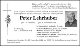 Traueranzeige Peter Lehrhuber