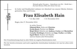 Traueranzeige Elisabeth Hain
