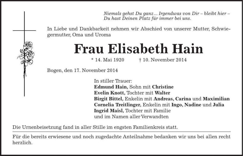 Traueranzeige Elisabeth Hain
