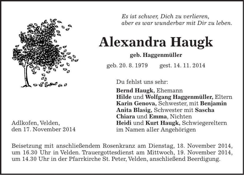 Traueranzeige Alexandra Haugk