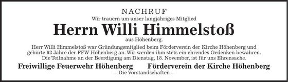 Traueranzeige Willi Himmelstoß