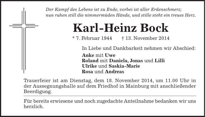 Traueranzeige Karl-Heinz Bock