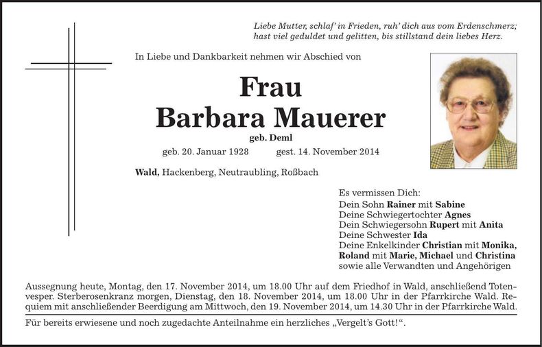Traueranzeige Barbara Mauerer