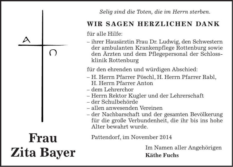 Traueranzeige Zita Bayer