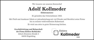 Traueranzeige Adolf Kollmeder