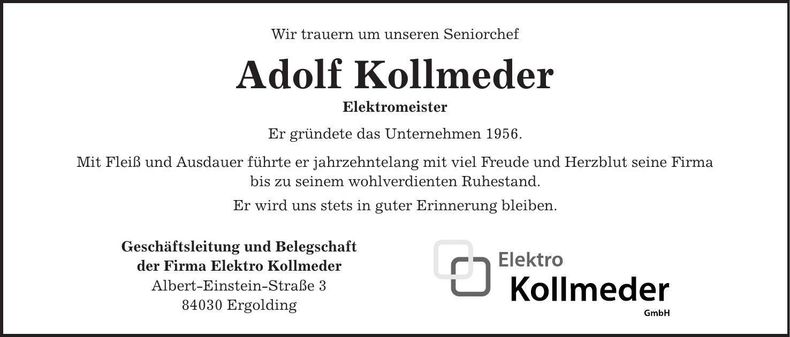 Traueranzeige Adolf Kollmeder