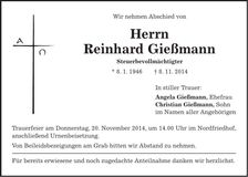 Traueranzeige Reinhard Gießmann