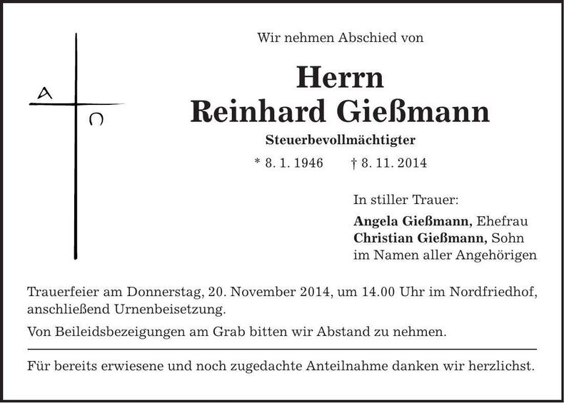 Traueranzeige Reinhard Gießmann