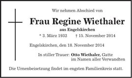 Traueranzeige Regine Wiethaler