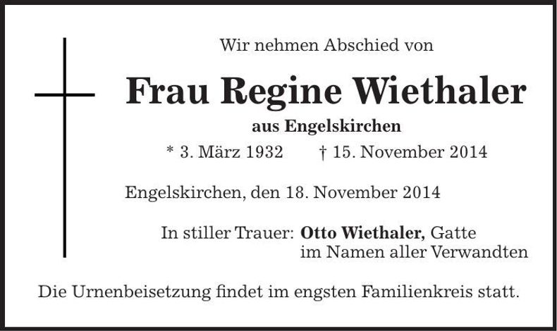 Traueranzeige Regine Wiethaler