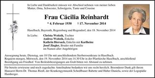 Traueranzeige Cäcilia Reinhardt