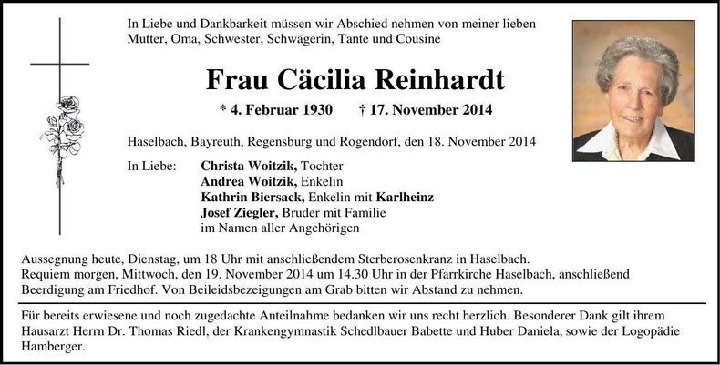Traueranzeige Cäcilia Reinhardt