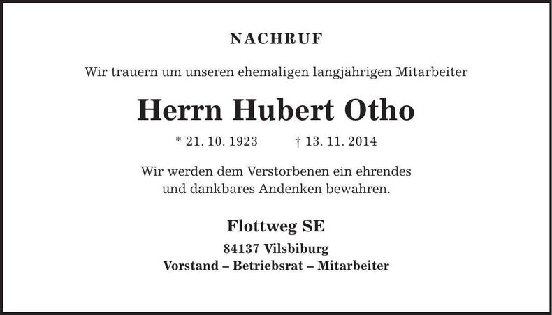 Traueranzeige Hubert Otho