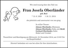 Traueranzeige Josefa Oberländer