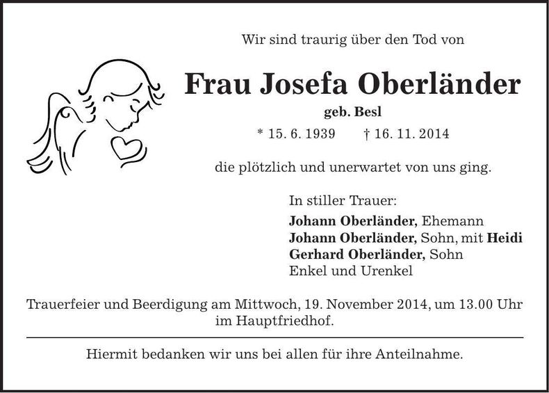 Traueranzeige Josefa Oberländer