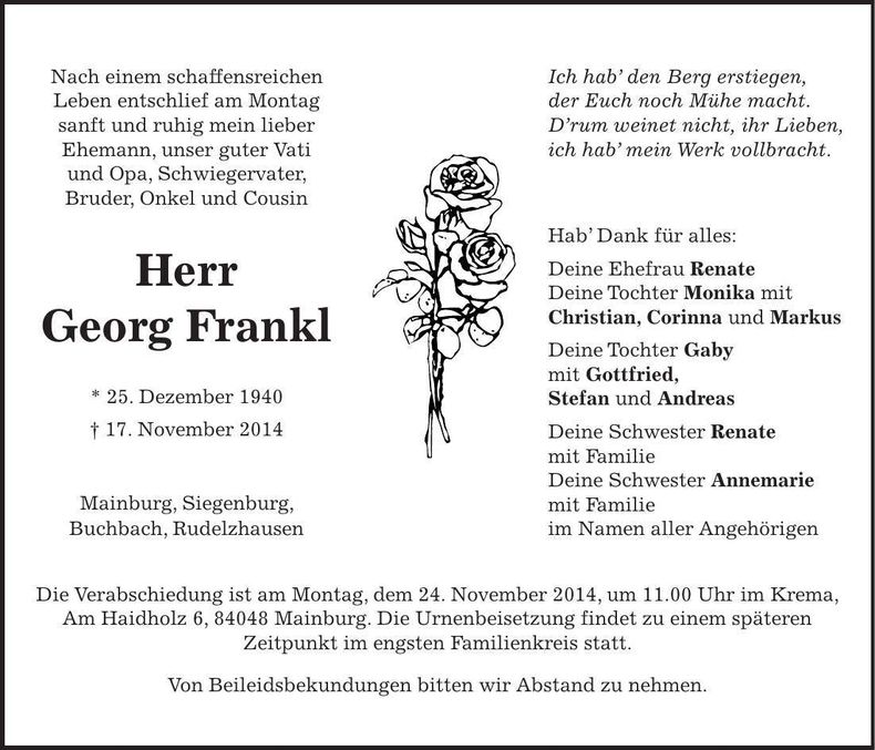 Traueranzeige Georg Frank