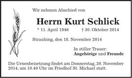 Traueranzeige Kurt Schlick