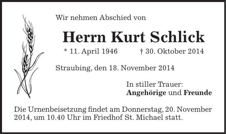 Traueranzeige Kurt Schlick