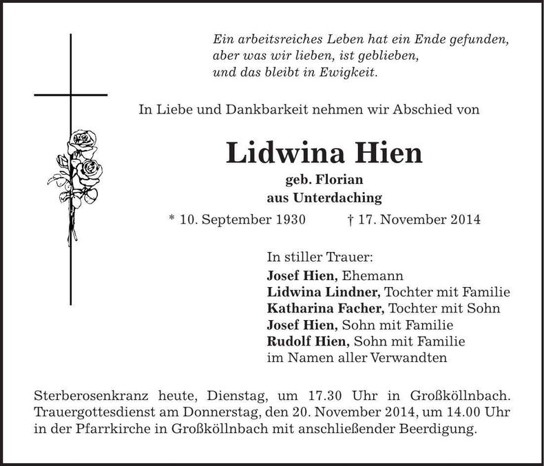 Traueranzeige Lidwina Hien