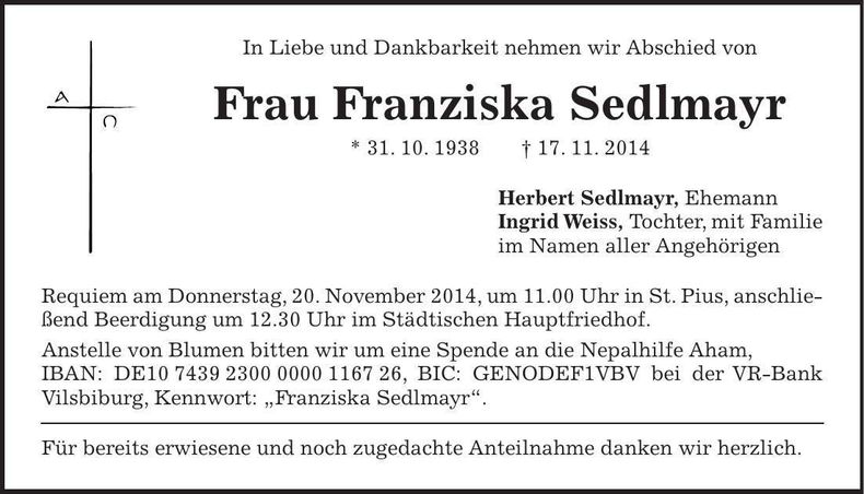 Traueranzeige Franziska Sedlmayr